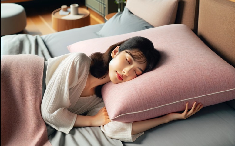 ピンク色の枕で眠る女性