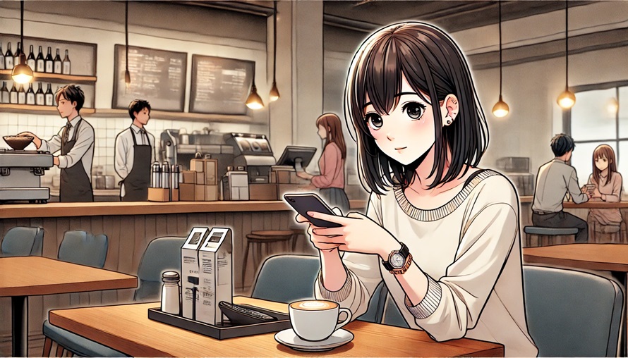 カフェでスマホを見る女性